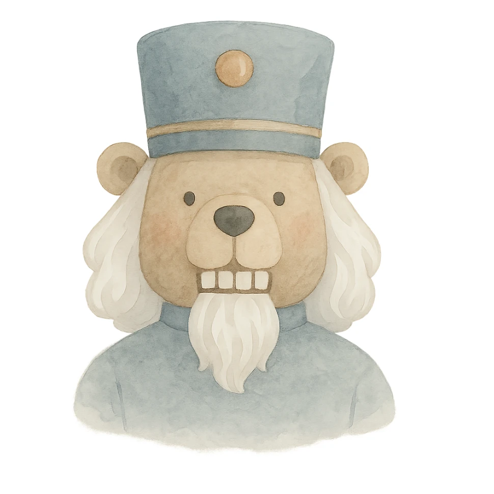 profile picture of a nutcracker bear with white hair, visible teeth, and a classic nutcracker hat, painterly style sticker