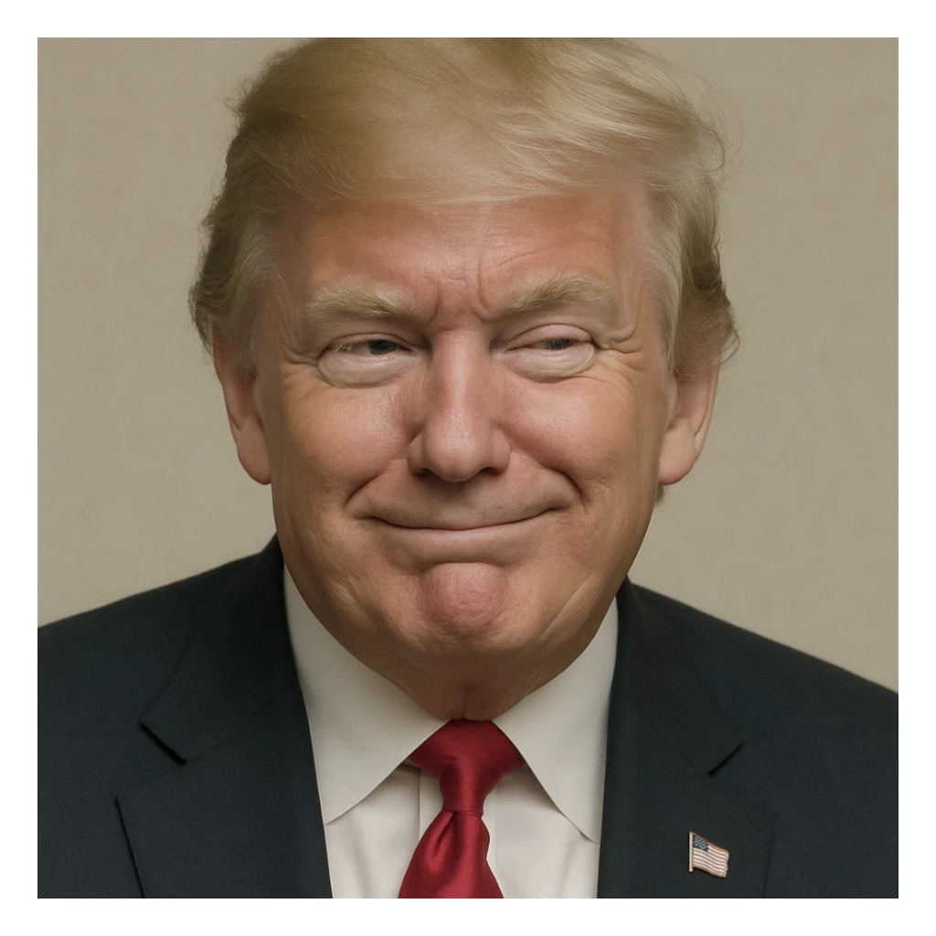 Reduce contrast for a softer look and enhance the very sly, cunning expression on Donald Trump's face, keeping photorealistic quality and plain background. Maintain photorealistic style with a plain background. sticker