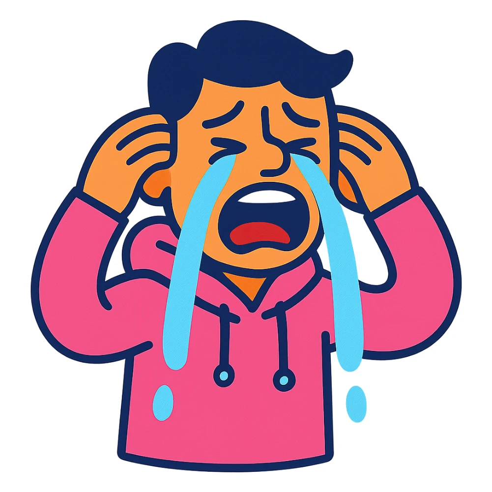 crying guy in a pink hoodie, vibrant cartoon style sticker