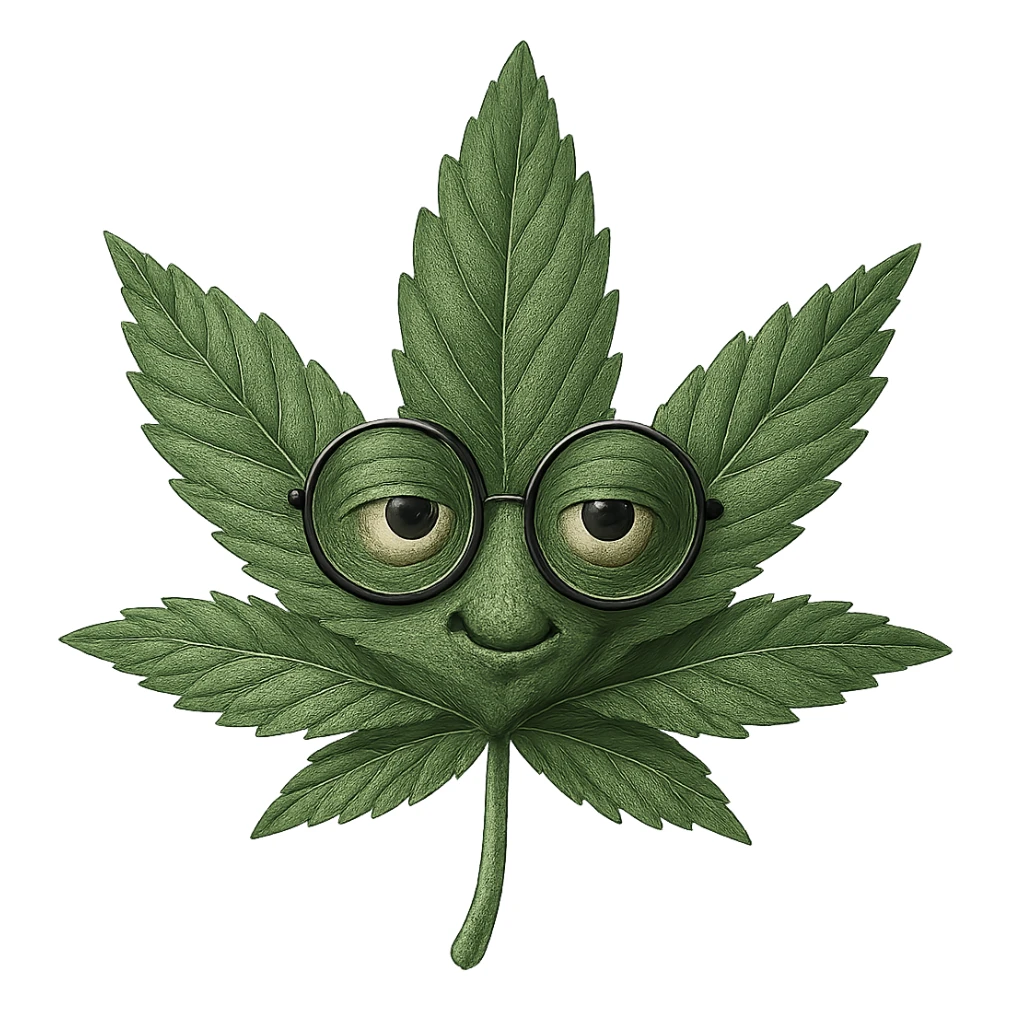 Make this weed leaf with round glasses look more realistic, keep the glasses, and maintain no background. The style should be realistic with natural textures and details on the leaf and glasses. sticker