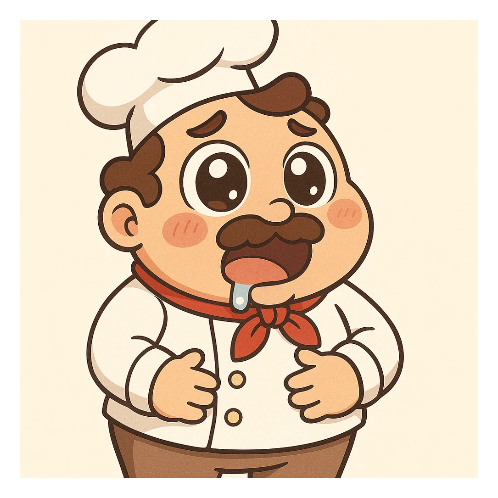 Make the chef look extremely hungry with big eyes, drooling, clutching his stomach, cartoon style with a light background. sticker