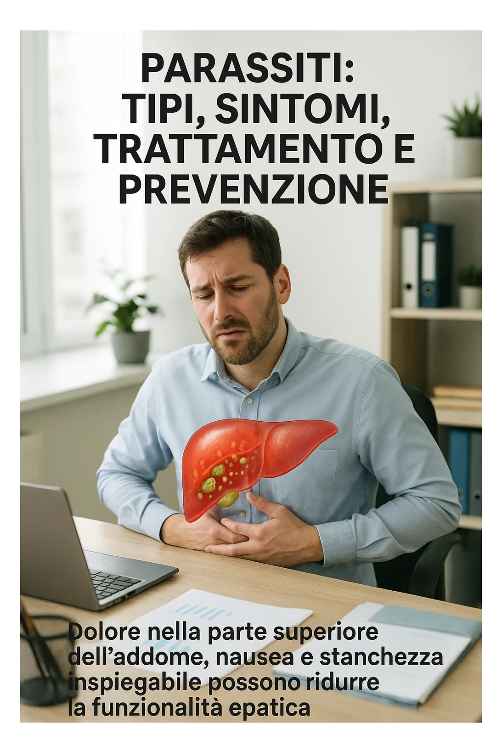 Man sitting at office desk experiencing subtle symptoms of liver dysfunction, upper abdominal pain, nausea, and unexplained fatigue Parasites: Types, Symptoms, Treatment & Prevention, expression of confusion about vague health issues, liver shown in transparent overlay with early inflammation, toxins beginning to accumulate in bloodstream, productivity declining as liver struggles to filter properly in italiano sticker