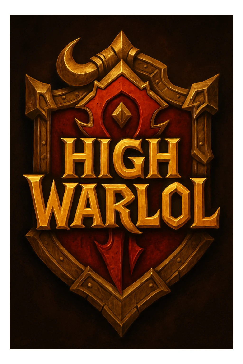 fantasy badge or emblem inspired by World of Warcraft, featuring the title 'High Warlol' in a bold, epic style, with ornate gold and red elements, reminiscent of Horde insignia, dramatic lighting, sense of power and humor sticker