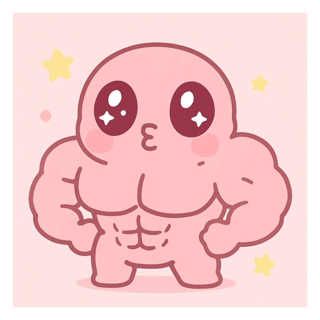 Make the kawaii character look buff and muscular, keep the pretty pink style, exaggerated eyes, pouty lips, cute and dumb expression. sticker