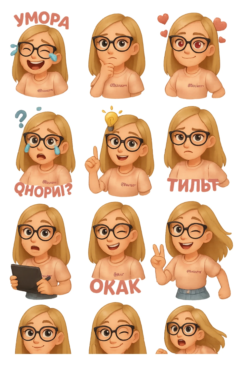 «Создай набор из 12 наклеек в стиле 3D cartoon  женского персонажа (30 лет выглядит моложе)  с прямыми светло русыми волосами ниже лопаток, светлой кожей, большими выразительными голубыми глазами, черные очки для зрения формы кошачий глаз, нос чуть с горбинкой.
Персонаж должен носить пастельную розово-бежевую тай дай футболку с вышивкой @ByUnicorn, голубые джинсы фасона мом, персонаж должен иметь разные выражения: смех до слез и подпись внизу пастельно-розовым текстом УМОРА, задумчивость, влюбленность (с сердцами вокруг головы), злость с паром из носа и подписью внизу пастельно розовым текстом ТИЛЬТ, растерянность (со знаком вопроса) и подпись пастельно-розовым текстом ЧОРИЛ?, наличие идеи (с зажженной лампочкой), плач со слезами из глаз, удивление с открытым ртом и подписью пастельно розовым текстом ОКАК, улыбка и  подмигивание, знак мира рукой, создание сердца руками, бегство со всех ног. Размер картинки не ограниченный, чтобы все наклейки вместились без обрезки. Стиль мультяшный  DreamWorks, мягкий свет, прозрачный фон, и добавь персонажу в руки графический планшет следи чтобы выглядело органично, красиво, не нарушая законы природы и физики, можешь добавить в другую руку перо от графического планшета, если это будет позволять смысл стикера» sticker