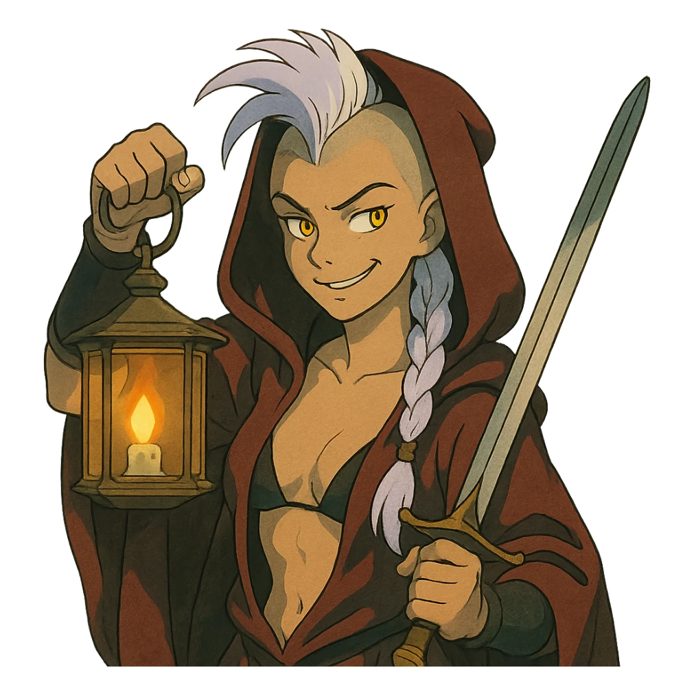 A sword maiden, mohawk, long braid white hair with lavender tips, gold yellow eyes, blood red and black revealing hoodie, brandishing a lantern. Mischievous smirk sticker
