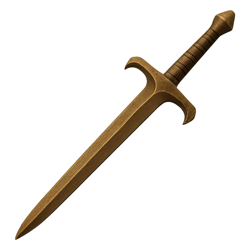 Transform this bronze 2h sword into a bronze longsword: make the blade slimmer and slightly shorter, but keep the handle proportional and not oversized. Maintain the realistic metallic and worn bronze look in the style of emoji. Transparent background. sticker