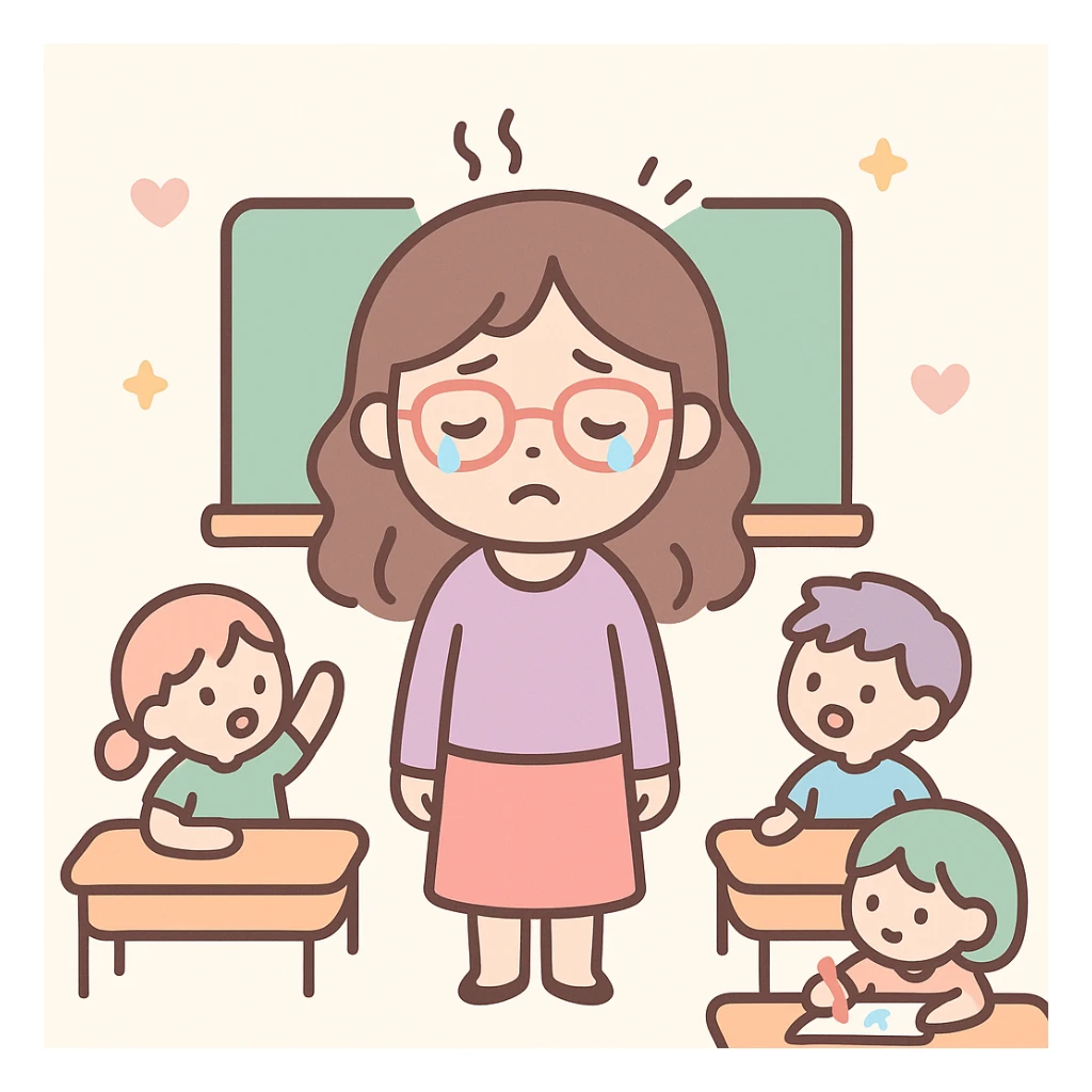 exhausted teacher in a bustling classroom sticker