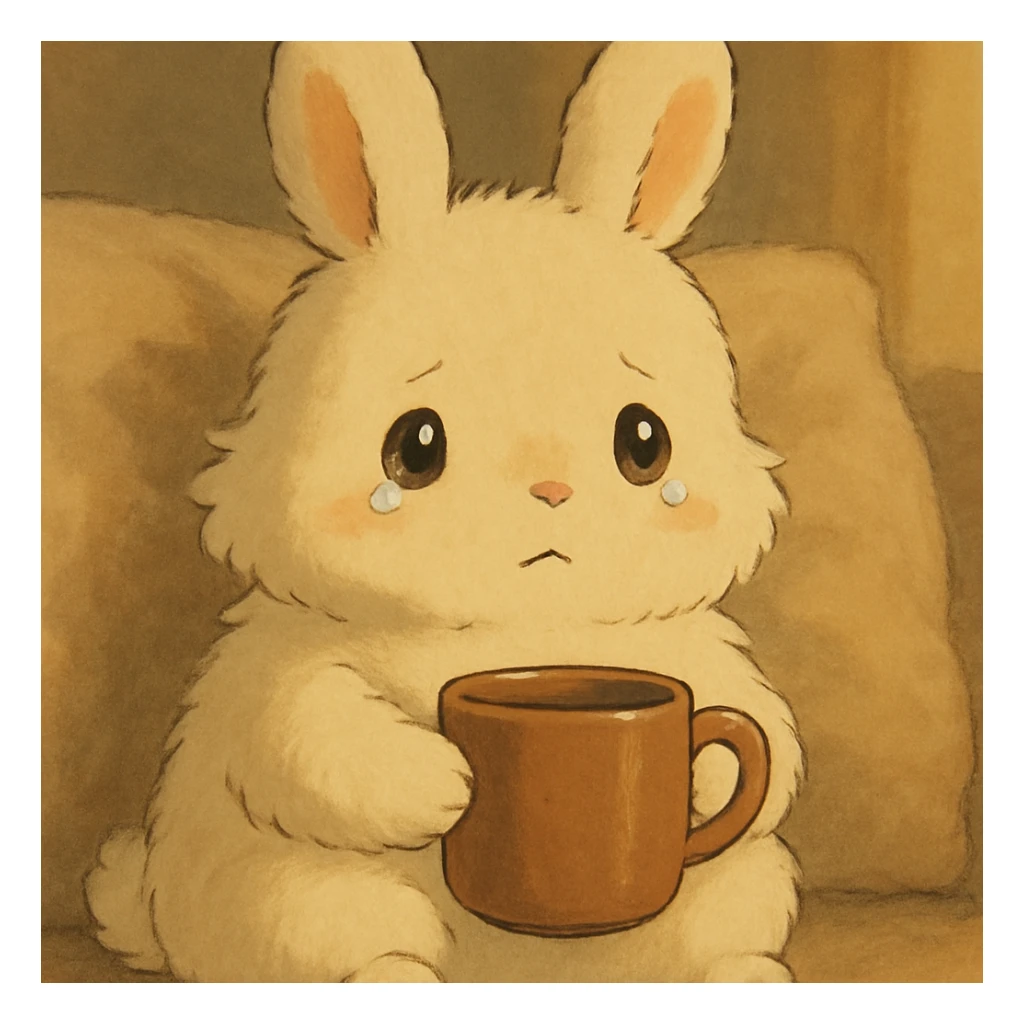 fluffy cream bunny with teardrop eyes holding a coffee mug, cozy soft background, ghibli style sticker