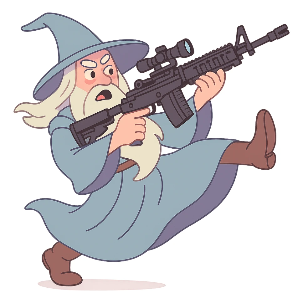 Gandalf the Gray wielding an M-14 EBR rifle, preparing to perform a 360 no-scope, dynamic pose, soft pastel colors, pastel toon style sticker