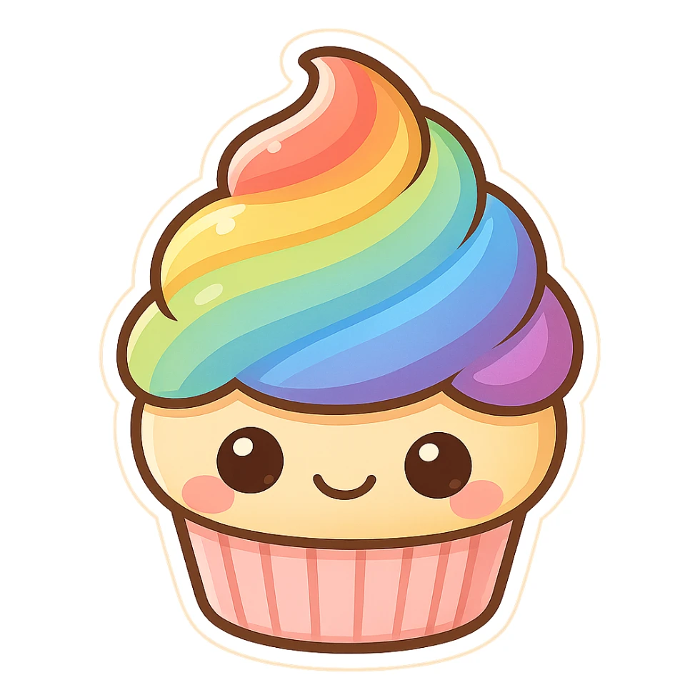 cute and exaggerated chibi sticker-style rainbow cupcake sticker