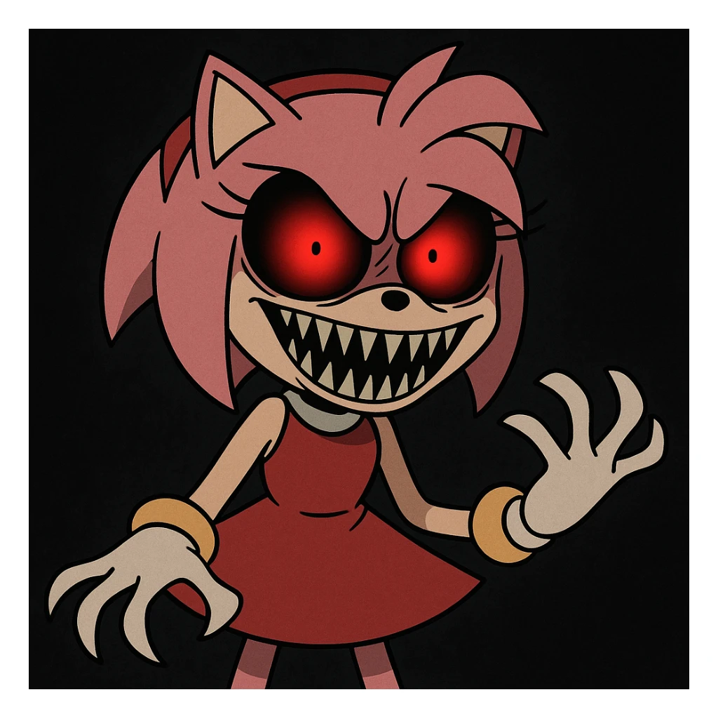 Amy Rose from Sonic, with a scary face, horror cartoon style, glowing red eyes, sharp teeth, dark background sticker