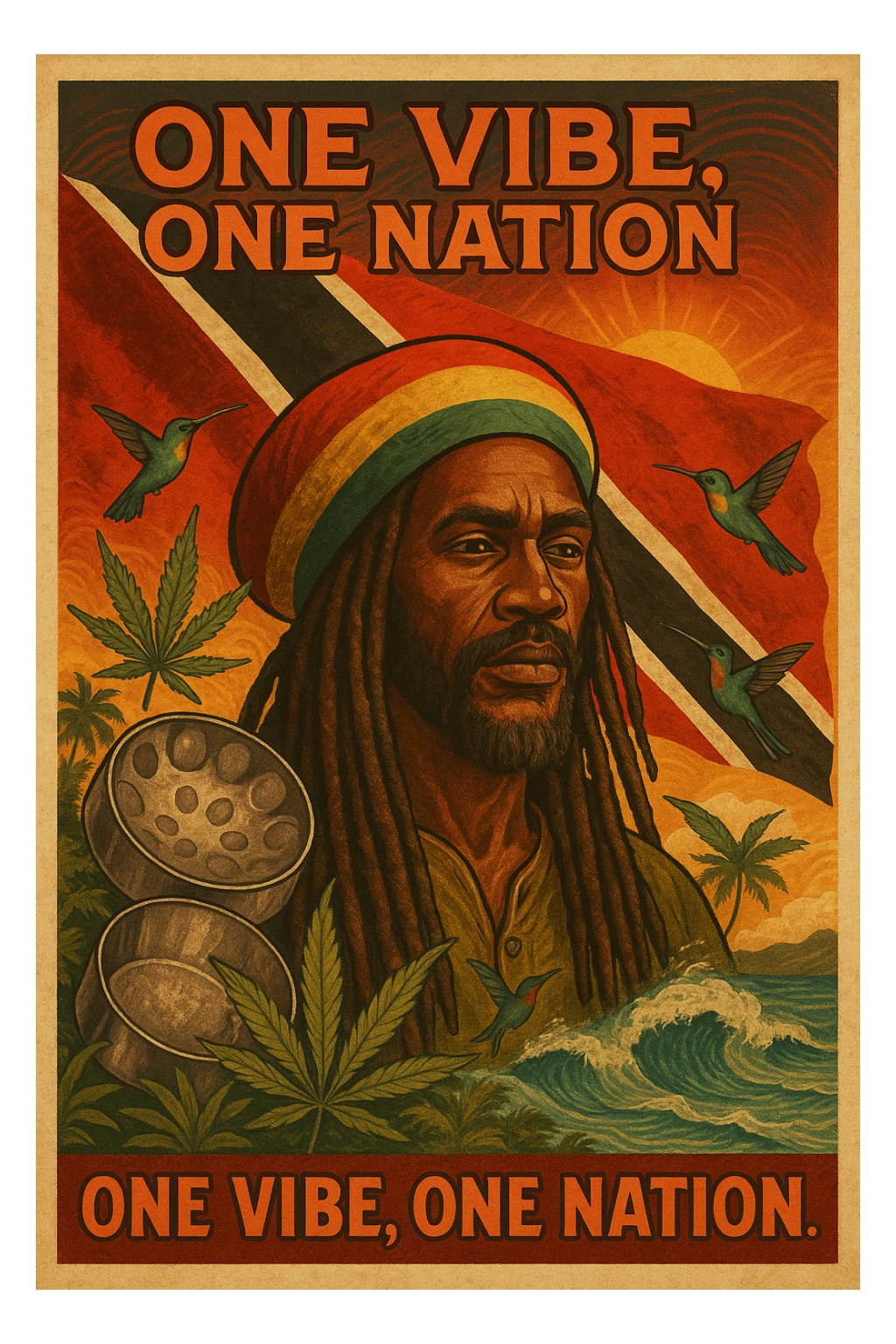 Create a vibrant digital illustration in vintage poster style featuring a proud Trinidadian Rasta man with long dreadlocks and a bold red, gold, and green tam. The background should incorporate the Trinidad and Tobago flag in a stylized, textured way — using deep red, black, and white tones that blend with tropical elements. Surround the figure with iconic cultural symbols like steelpan drums, ganja leaves, and hummingbirds in flight. Add warm Caribbean sunlight, ocean waves, and lush greenery to enhance the island energy. The Rasta man should radiate peace, power, and island wisdom — with bold facial features, calm expression, and a sense of spiritual presence. The overall tone should be rootsy, regal, and rich with island soul — merging reggae culture with Trinidadian pride. Optional accents: subtle soca rhythm lines in the background or a quote like “One Vibe, One Nation.” sticker