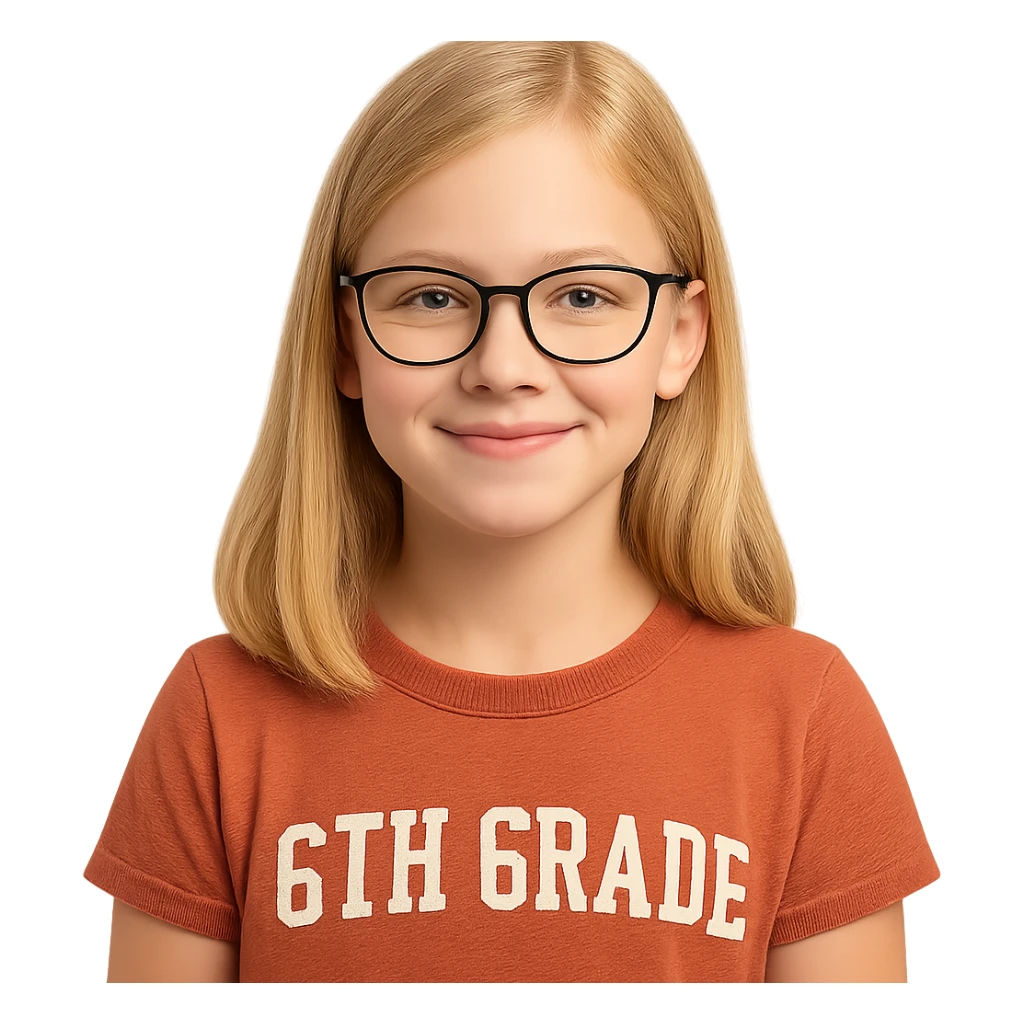 6th grade girl with blonde hair and glasses, friendly expression, simple background sticker
