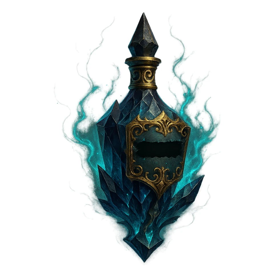 edgy dark crystal elixir bottle with censored inscriptions, lots of glowing effects, ornate golden details, magical effects, very small neck, beautiful merging base, clearly floating in air, transparent background, no ground or shadow sticker