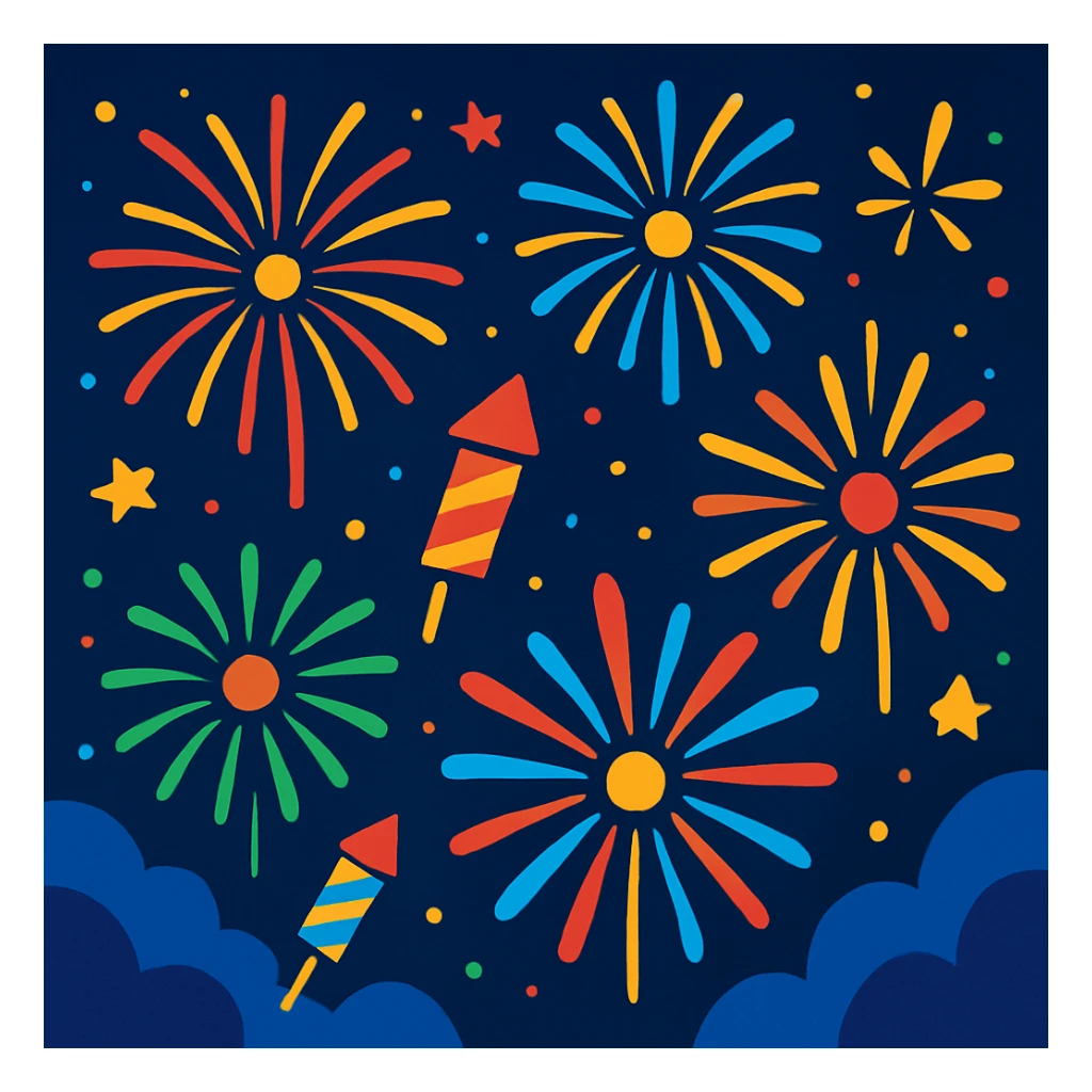 fireworks, vibrant, celebratory, night sky, modern illustration style sticker