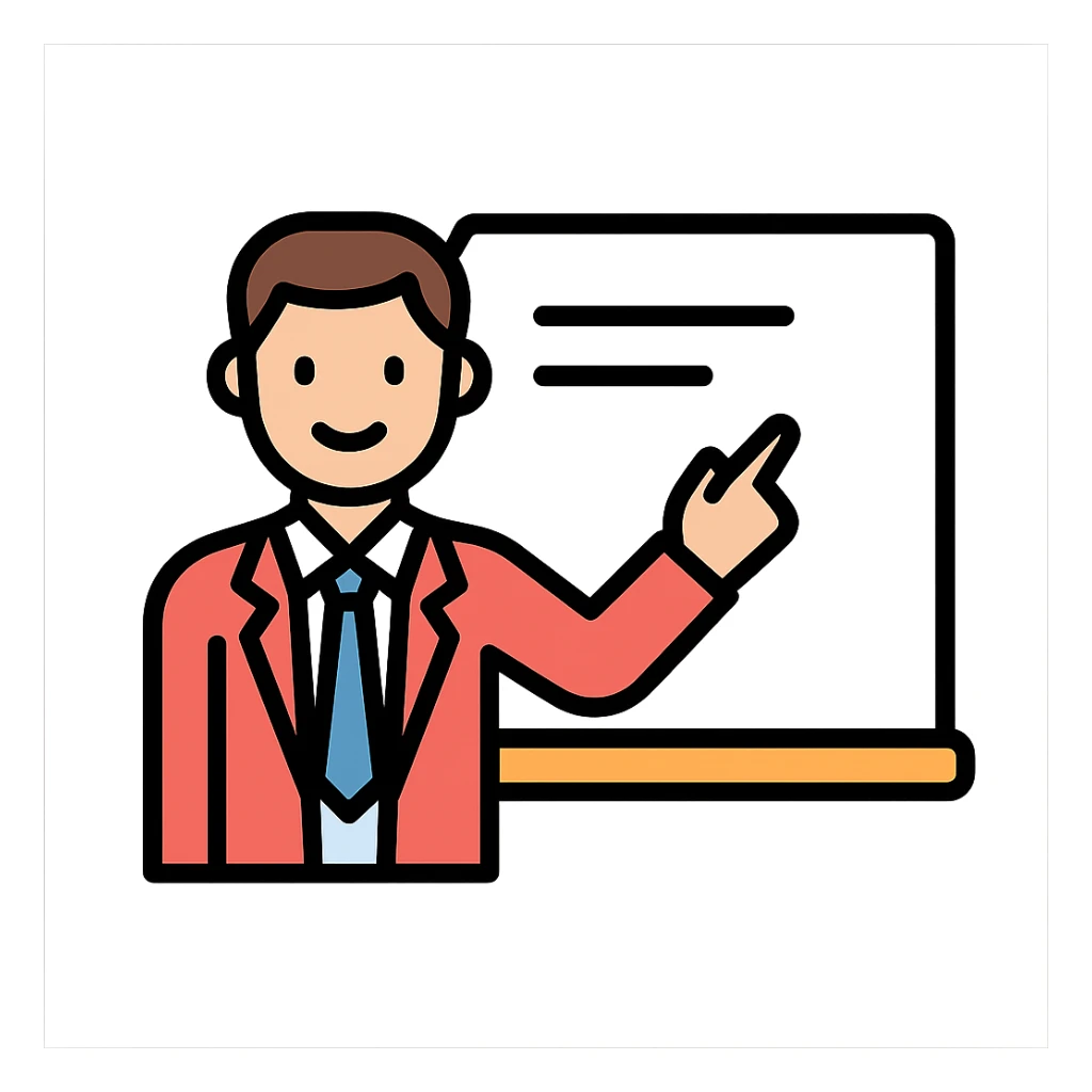 male teacher standing by a white board, professional attire, friendly expression, classroom setting, color outline icon style sticker