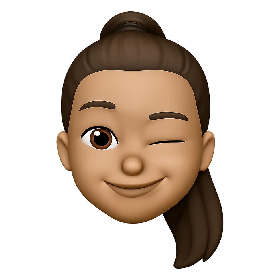 Create an emoji style head of this person with a winking expression, transparent background. The style should resemble apple style emojis with concise details. sticker