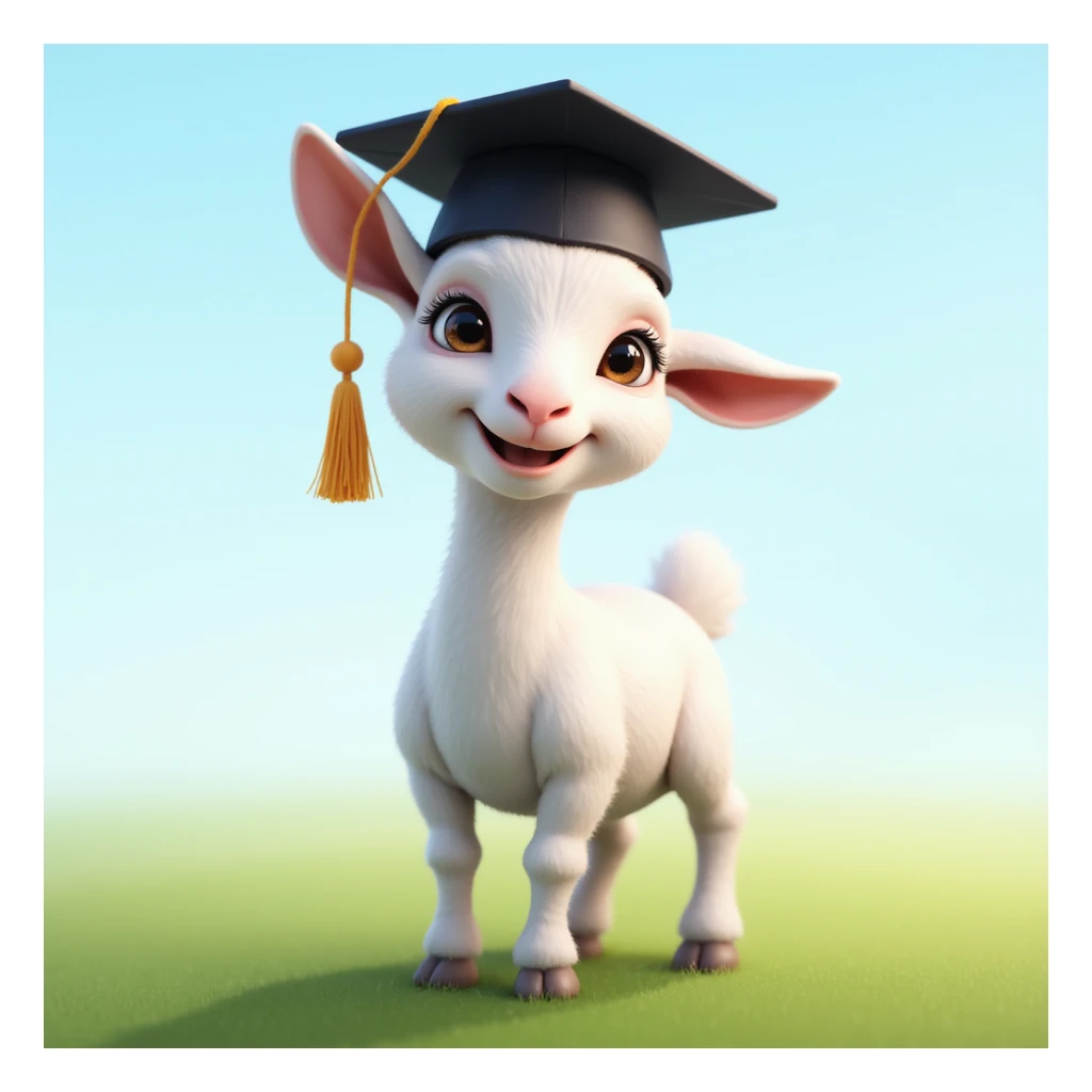 cute white goat standing on green grass, wearing a black graduation cap, bright daylight, soft blue sky background, proud and confident expression, semi-realistic style sticker