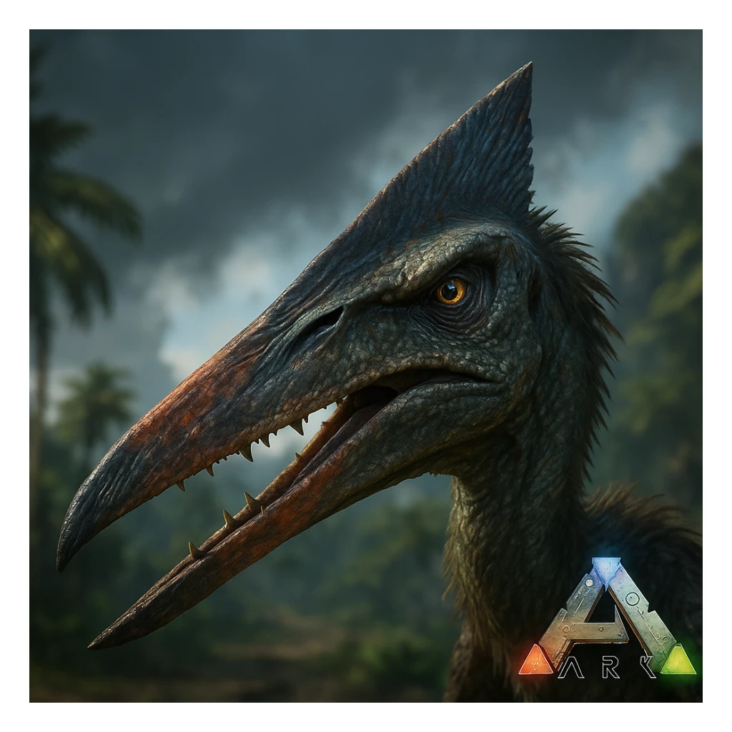 quetzalcoatlus dinosaur in the style of the Ark: Survival Evolved game, close-up of head and beak, intense expression, game-like rendering sticker