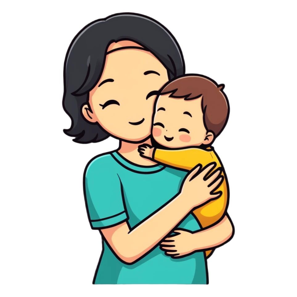 Mother's Day sticker, mom hugging child, cute, cartoon style sticker