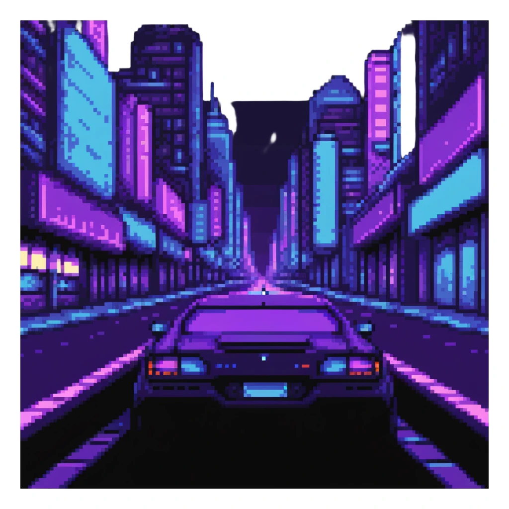 car driving through neon city streets at night with purple and blue lighting sticker