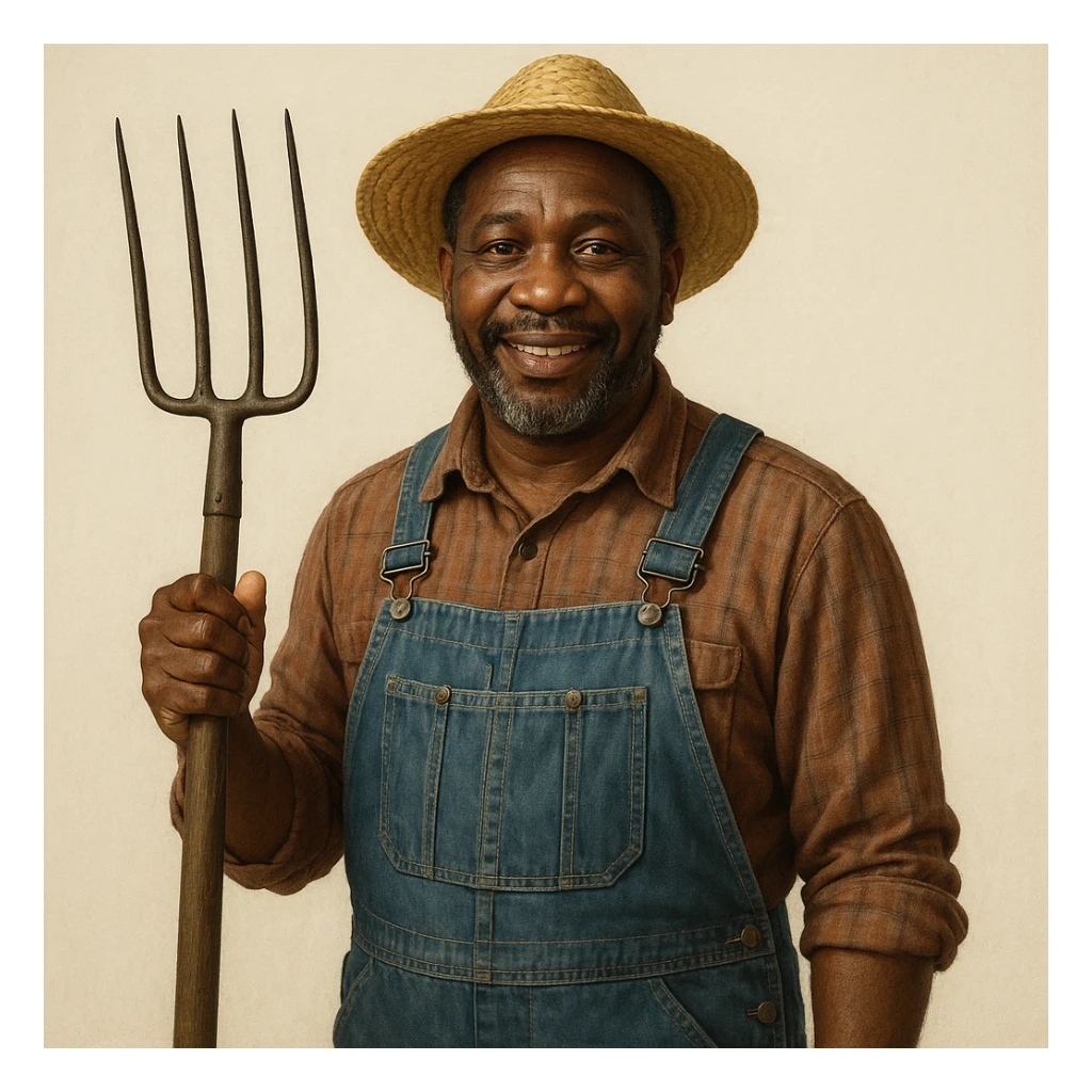 Black man farmer, standing, holding a pitchfork, wearing overalls and a straw hat, friendly expression, simple background sticker