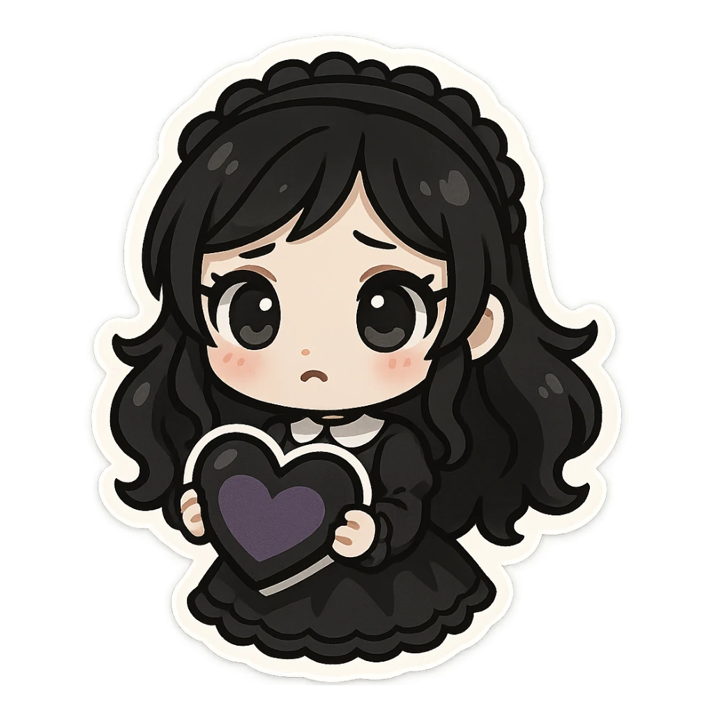 gothic chibi sticker, black and purple heart, cute and expressive, emoji style sticker