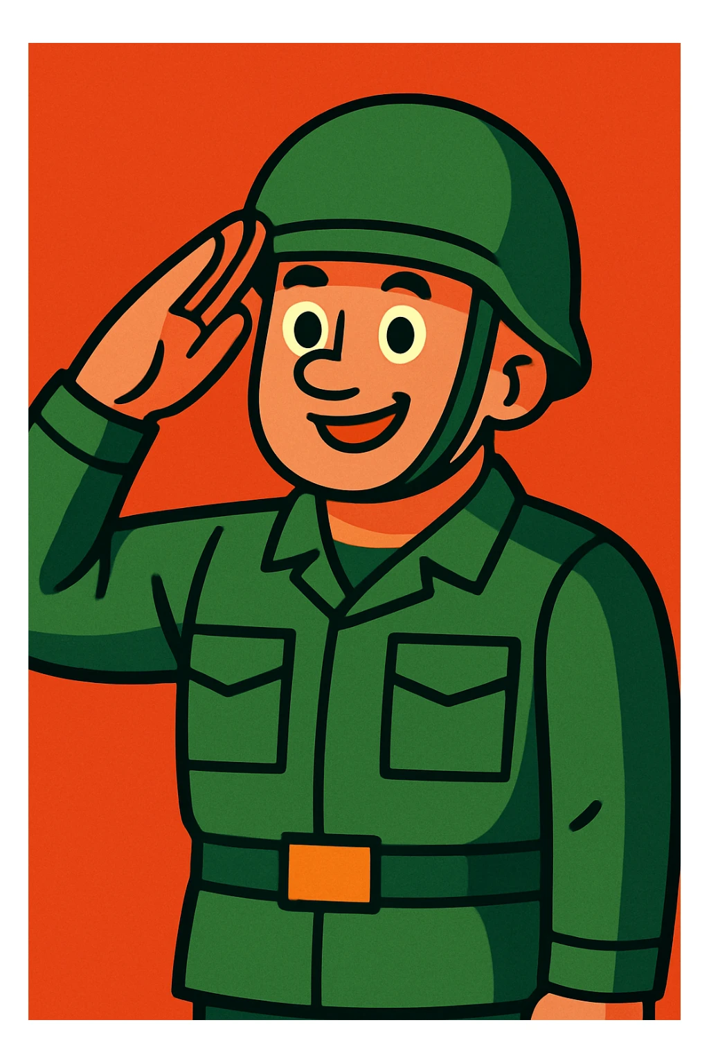 cartoon army soldier saluting, green uniform, helmet sticker