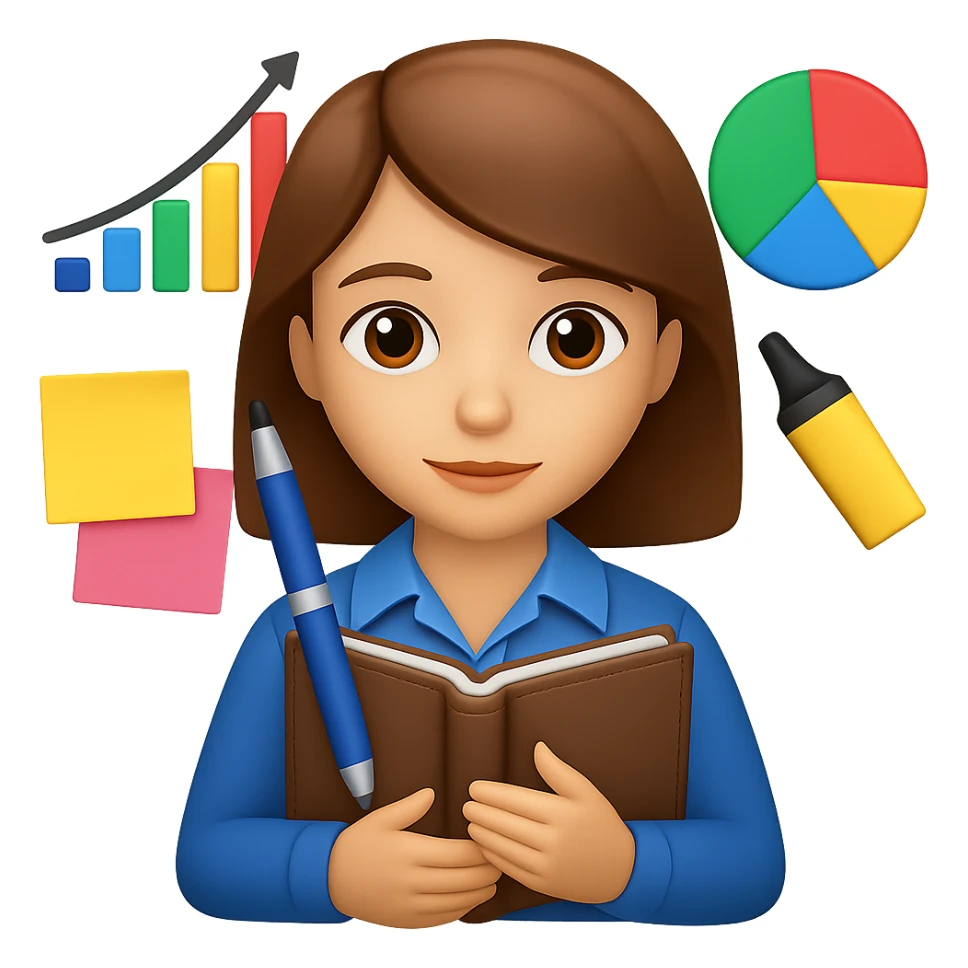 Add marketing accessories such as charts, pie charts, highlighter pen, and post-its around the subject, maintaining the iOS 18 emoji style with a transparent background. sticker