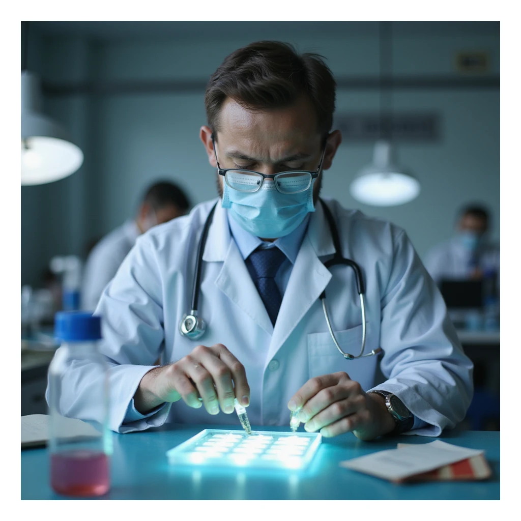 realistic doctor in laboratory preparing slide with fecal sample for parasitological analysis, instruments and containers visible sticker