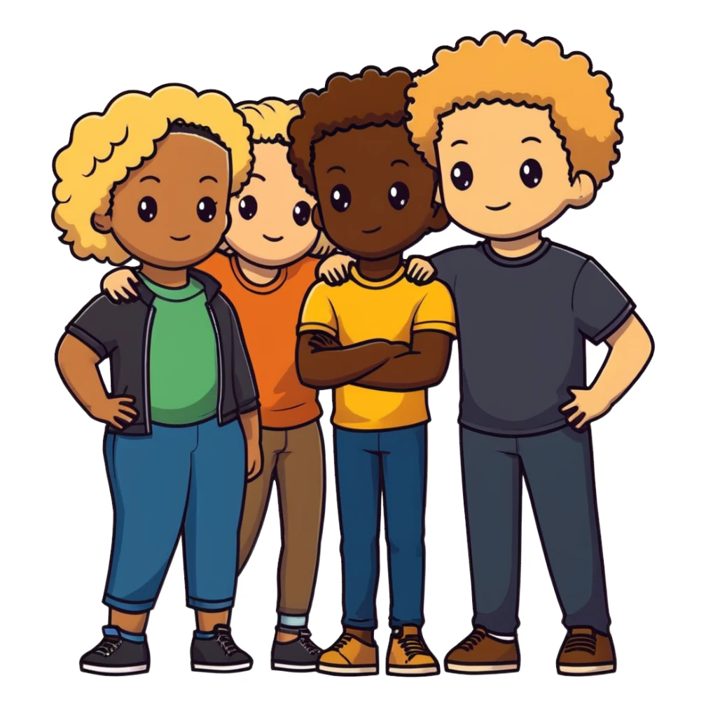 Group of diverse friends standing together, including a dark-skinned boy, a light-skinned blonde boy, a light-skinned girl with dark hair, a mixed-race girl with brown hair, a light-skinned person with curly hair, a mixed-race person with dark curly hair, and in the center a mixed-race person with wavy hair sticker