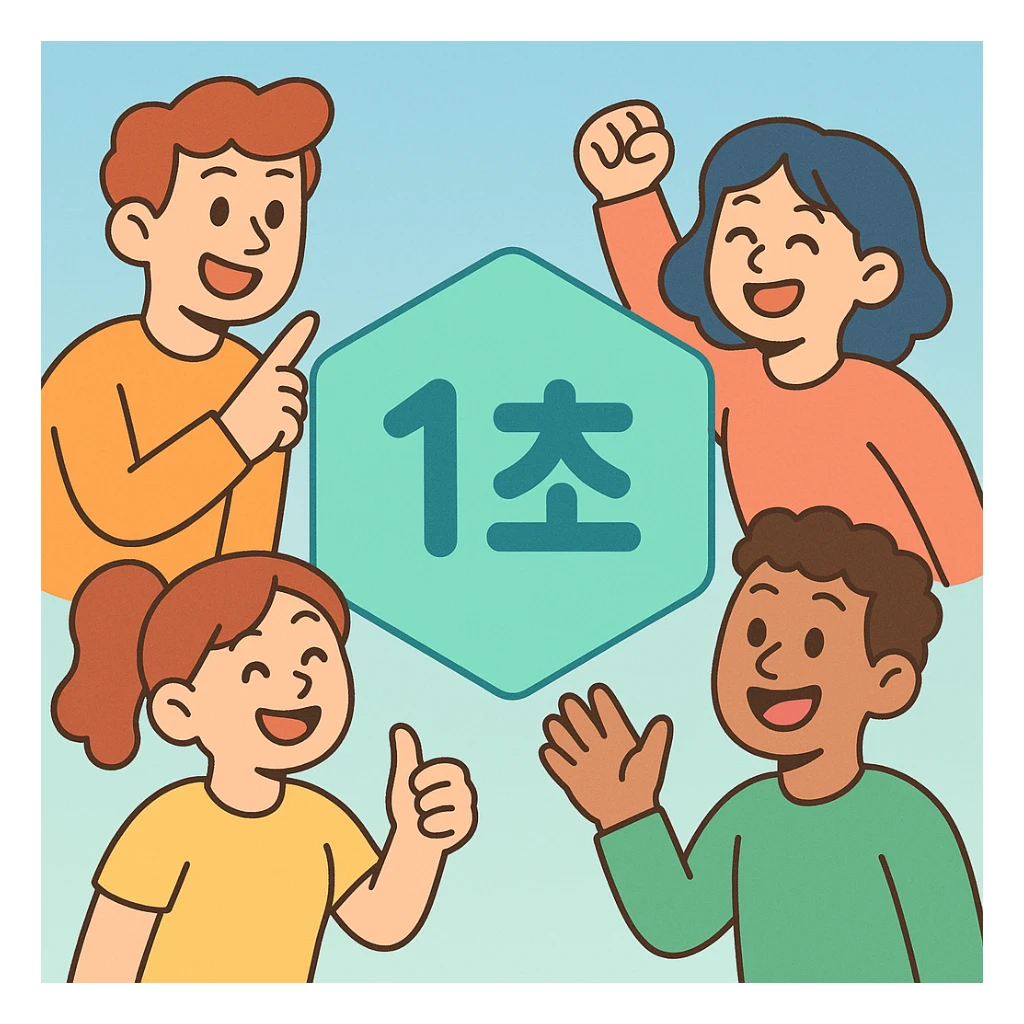 pastel turquoise hexagon, '1초' centered in a friendly rounded font, background is a gentle blue gradient, feels positive and motivating sticker