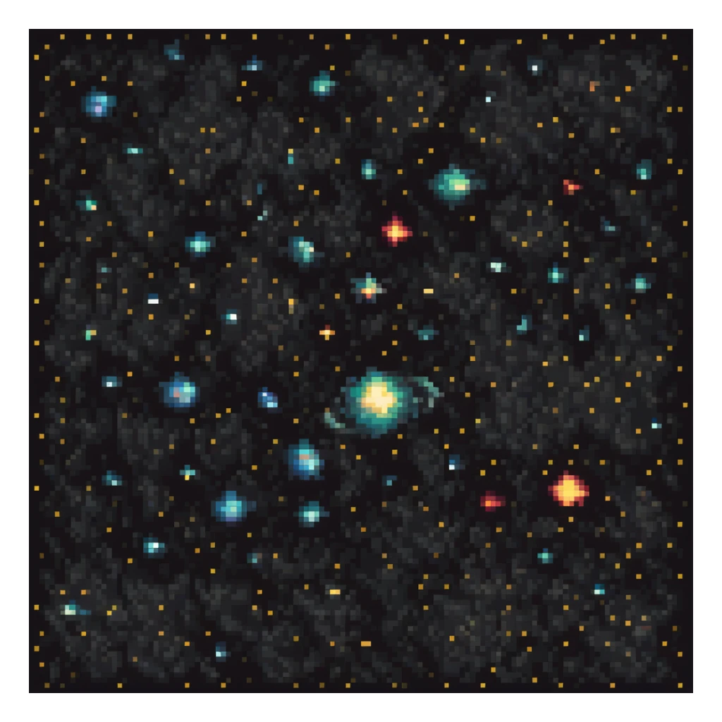 Milky Way galaxy, pixel art style, bright stars and nebulae, retro game look sticker