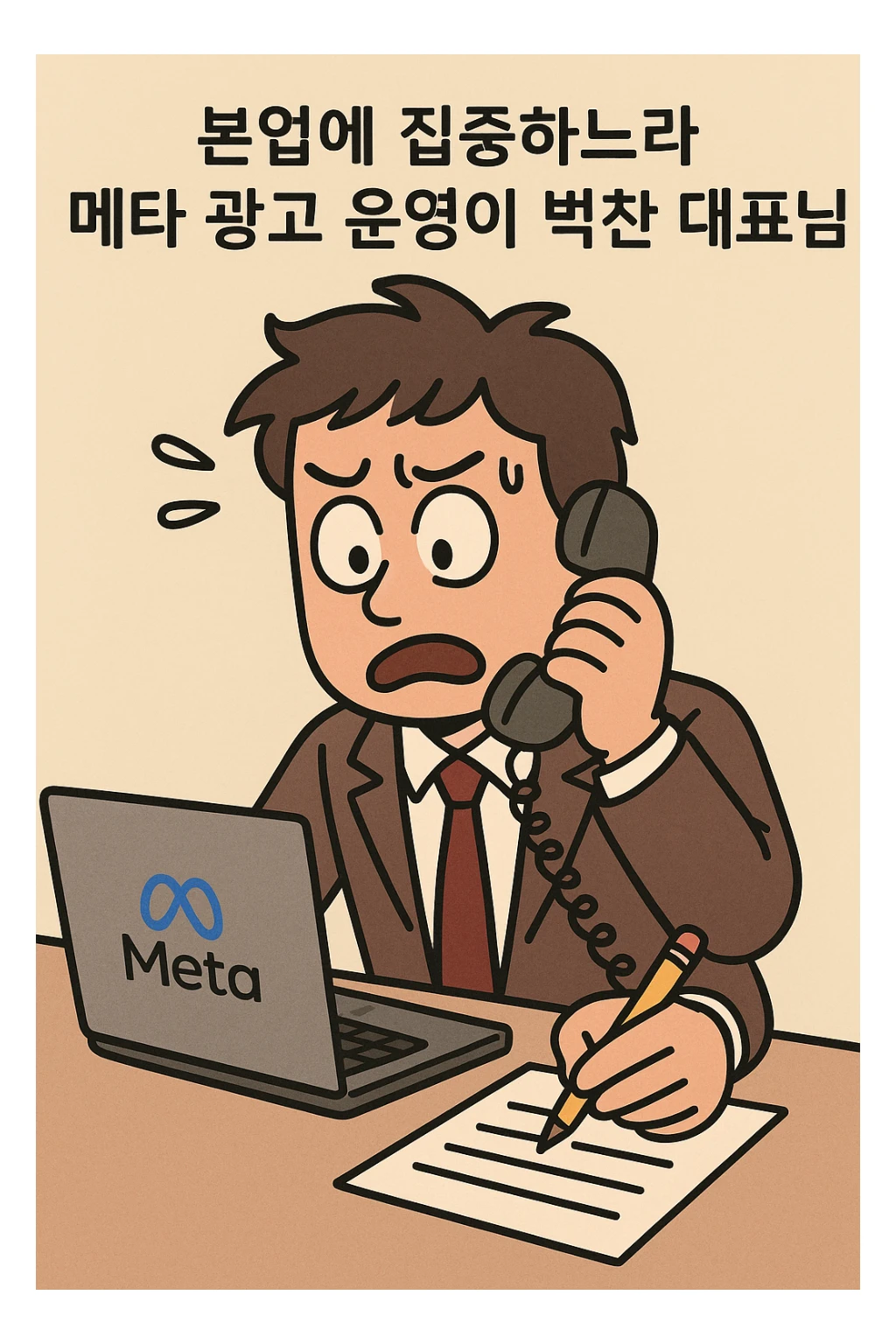 A business owner multitasking between core work and managing Meta ads, looking overwhelmed, in a clean, flat toon style, Korean text: '본업에 집중하느라 메타 광고 운영이 벅찬 대표님', minimal background sticker
