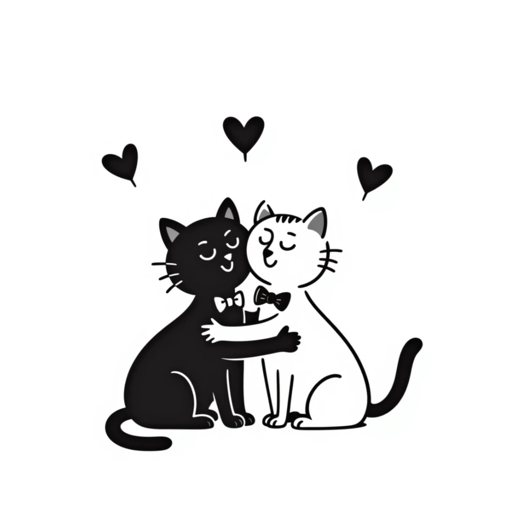 two cats in love, hand-drawn doodle style with hearts sticker