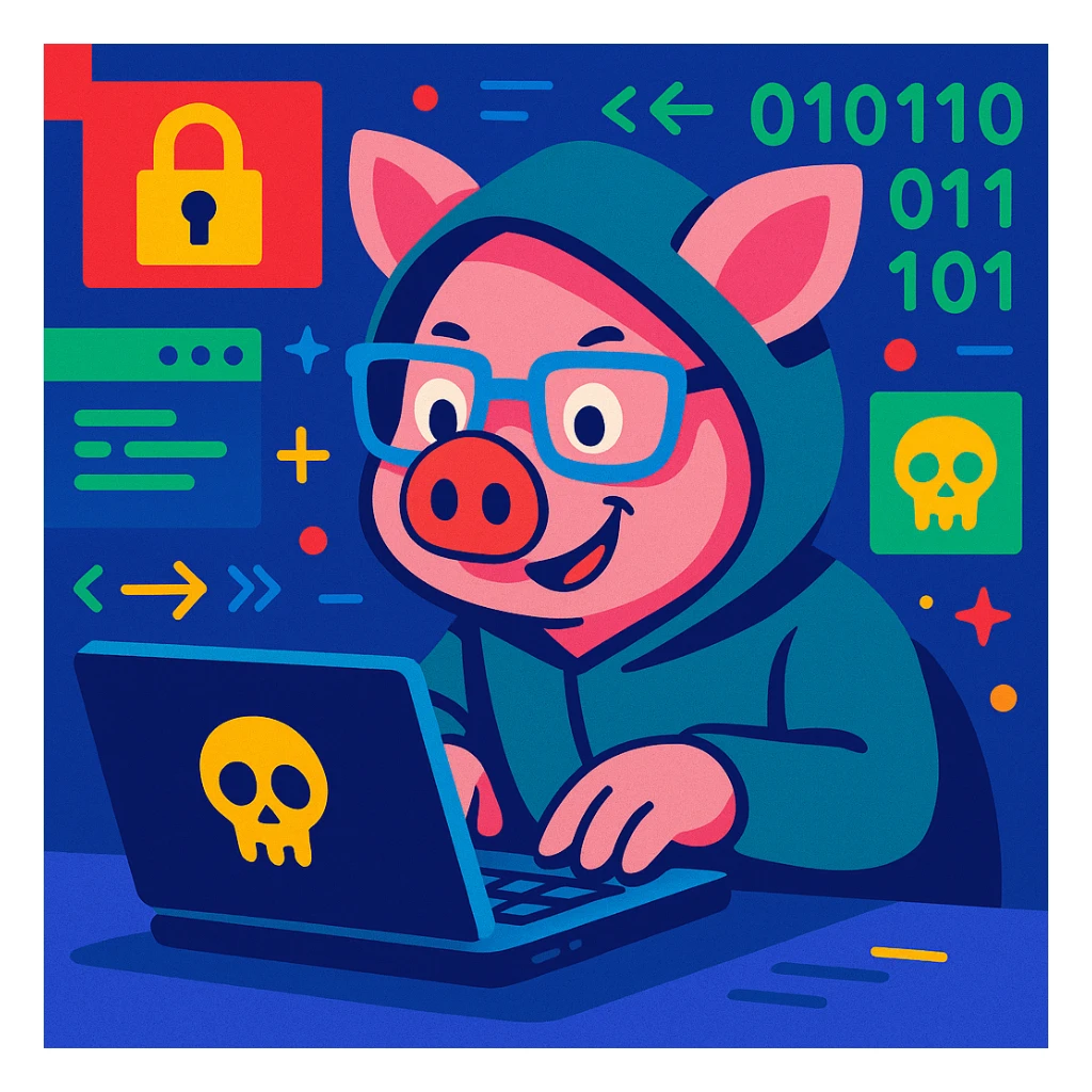 a pig as a hacker, wearing glasses, typing on a laptop, digital style, vibrant toon, colorful, detailed sticker