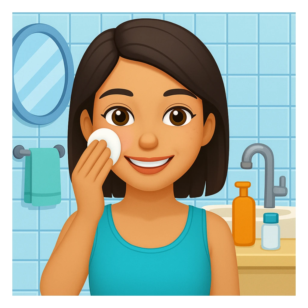Add a bathroom background behind the Latin girl smiling while removing makeup. The style should resemble emoji style with simple, colorful, and concise features. sticker