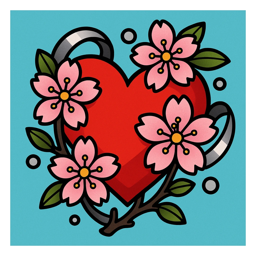 heart with sakura and silver accents, vibrant toon style sticker