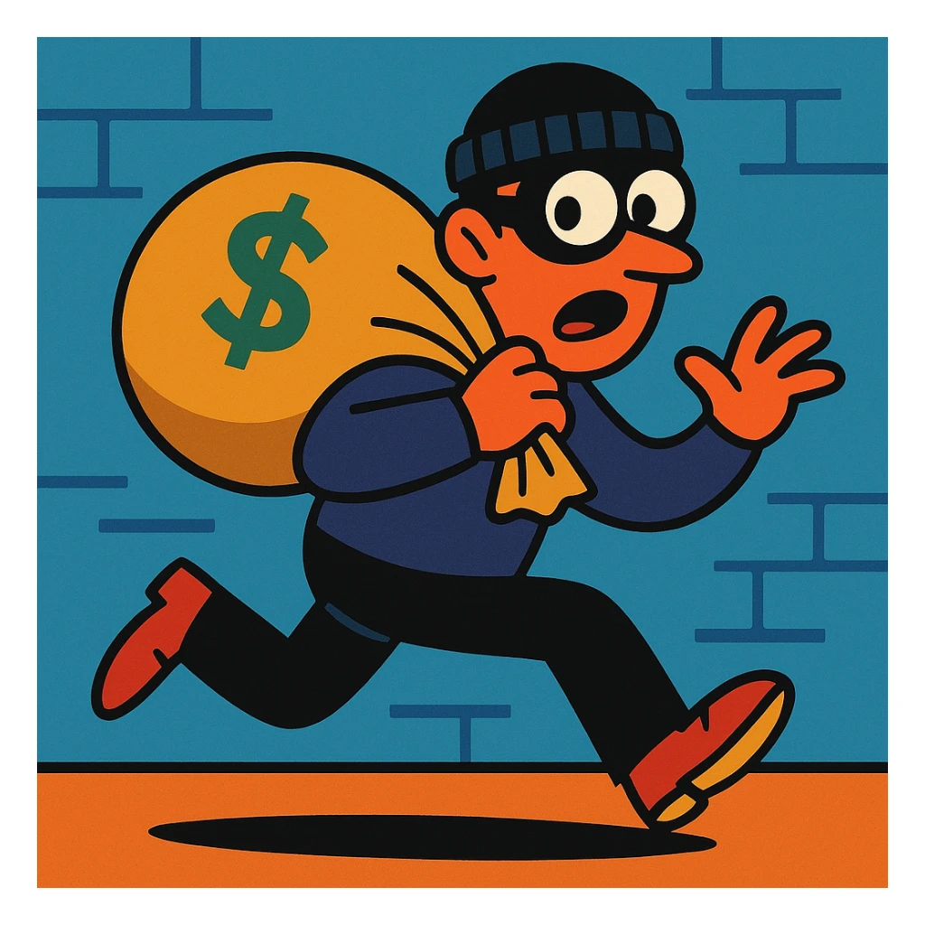 a thief running with a sack of cash, looking back nervously sticker