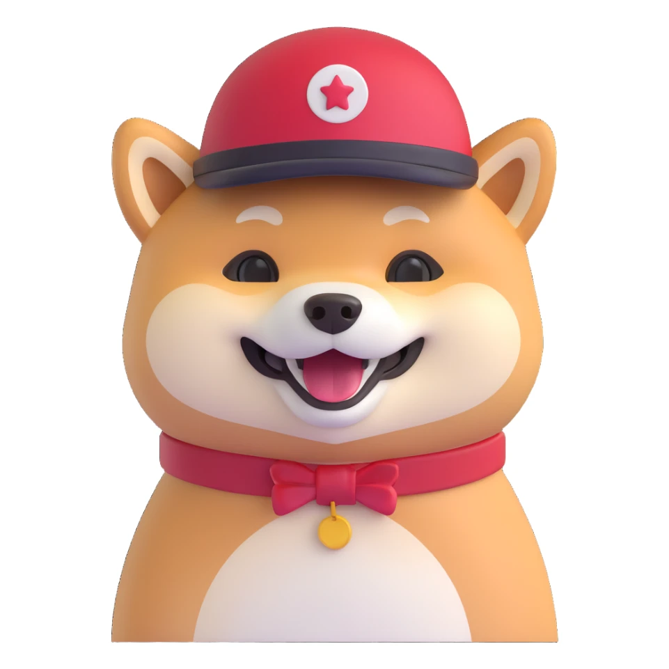 friendly Shiba Inu smiling wearing a red hat, bright and cheerful sticker