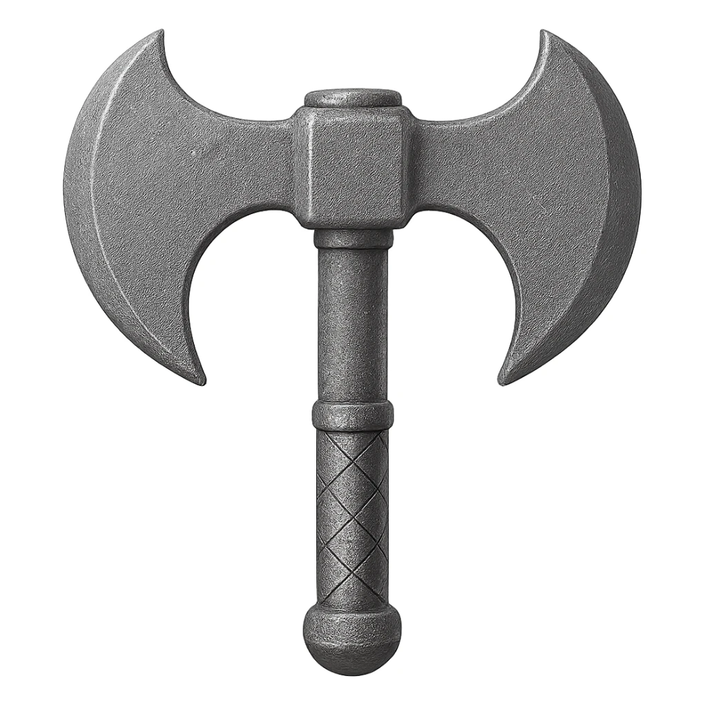 Recolor this bronze battleaxe to a slightly worn iron, keep the same shape, realistic metallic iron, emoji style, transparent background. sticker
