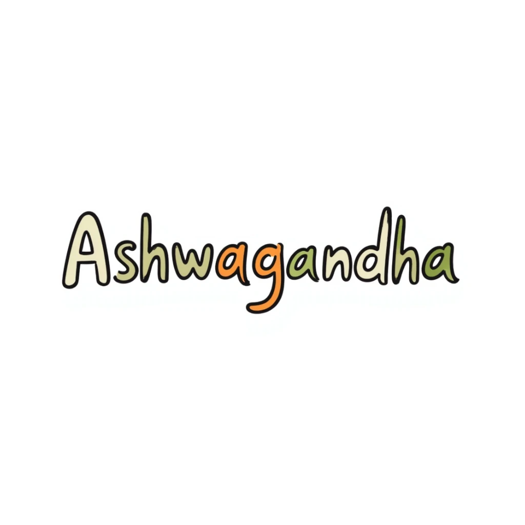 The word "Ashwagandha" hand-drawn in white/cream colored text with just a few green and orange accents. Simple doodle style. sticker