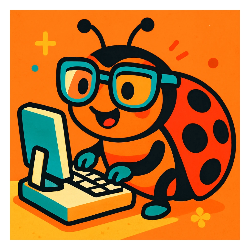 a cute ladybug with a computer, nerdy vibe, cheerful illustration, vibrant toon, colorful, playful sticker