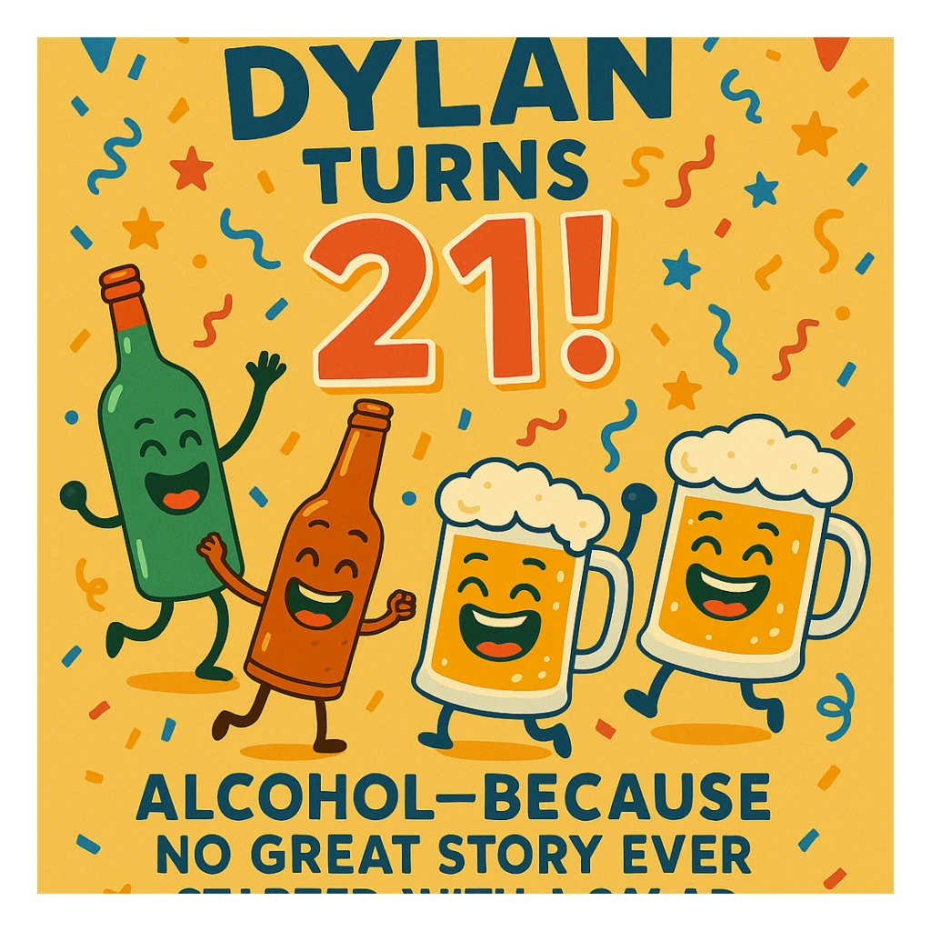 Add the funny drink quote: 'Alcohol—because no great story ever started with a salad.' Keep all original graphics and style. sticker