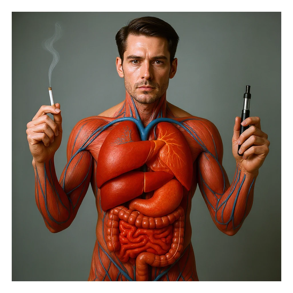Hyperrealistic 4K vertical 9:16 medical illustration, realistic human anatomical body, inflamed liver and intestines highlighted, man holding a lit cigarette in the right hand and an electronic cigarette in the left, style identical to the reference image. sticker