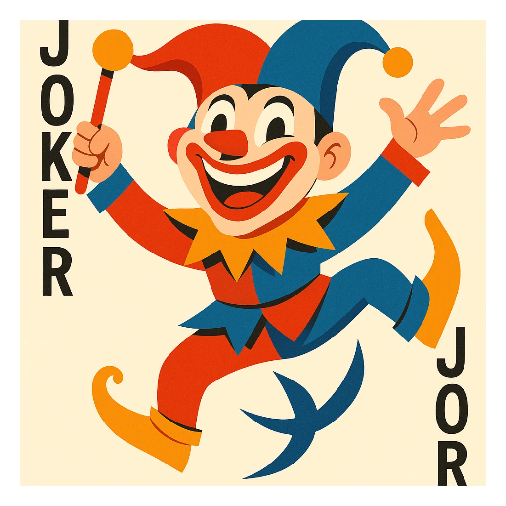 joker clown playing card, exaggerated smile, colorful costume, dynamic pose sticker
