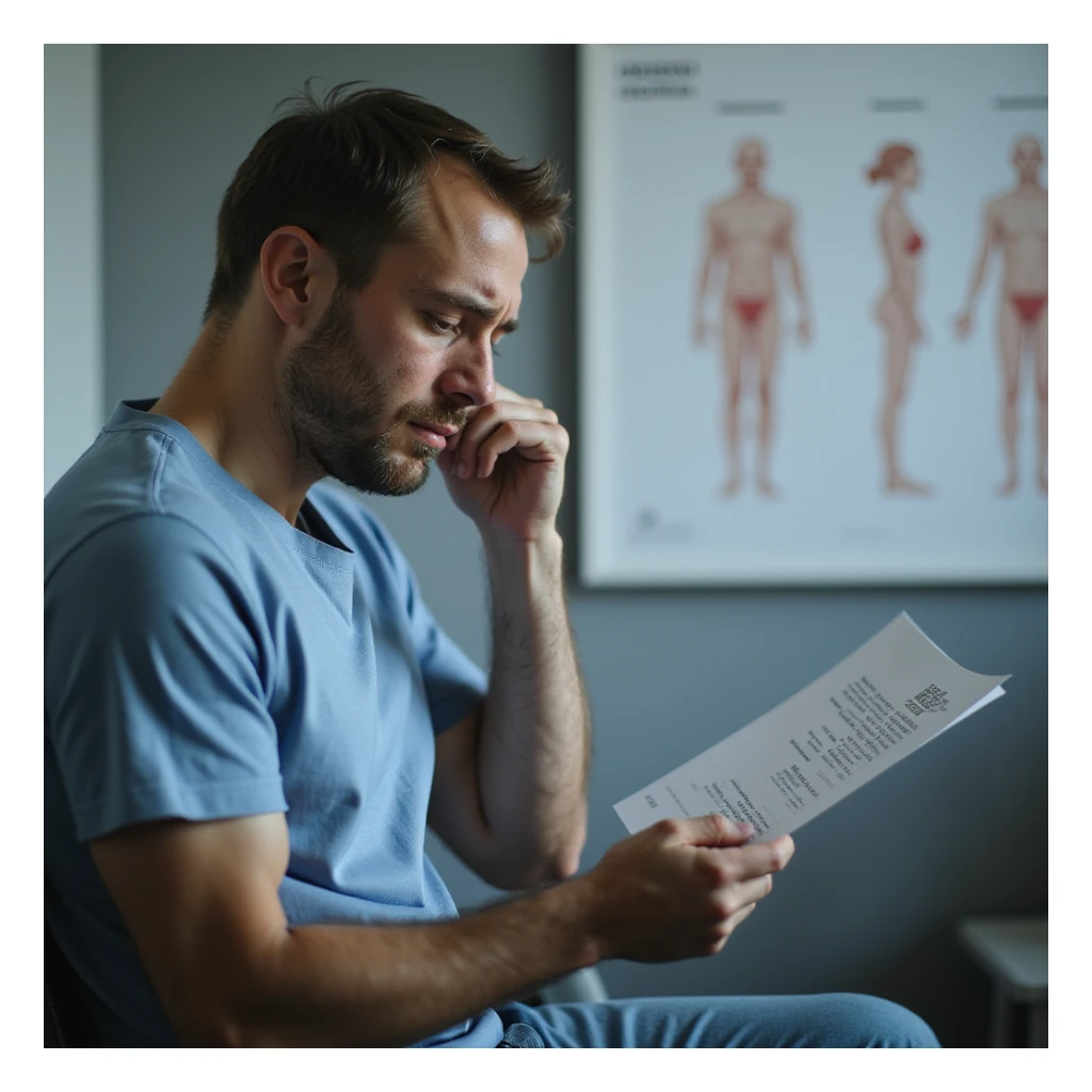 hyperrealistic 4K image of a man in his 30s looking at semen analysis results with 'azoospermia', tears in eyes, hands shaking, sitting in urologist's office, fertility diagrams on wall, clinical atmosphere sticker