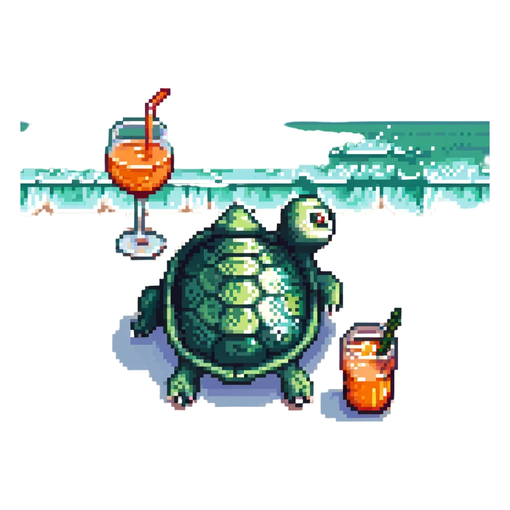 turtle sitting on the beach and drinking aperol spritz, pixel art style sticker