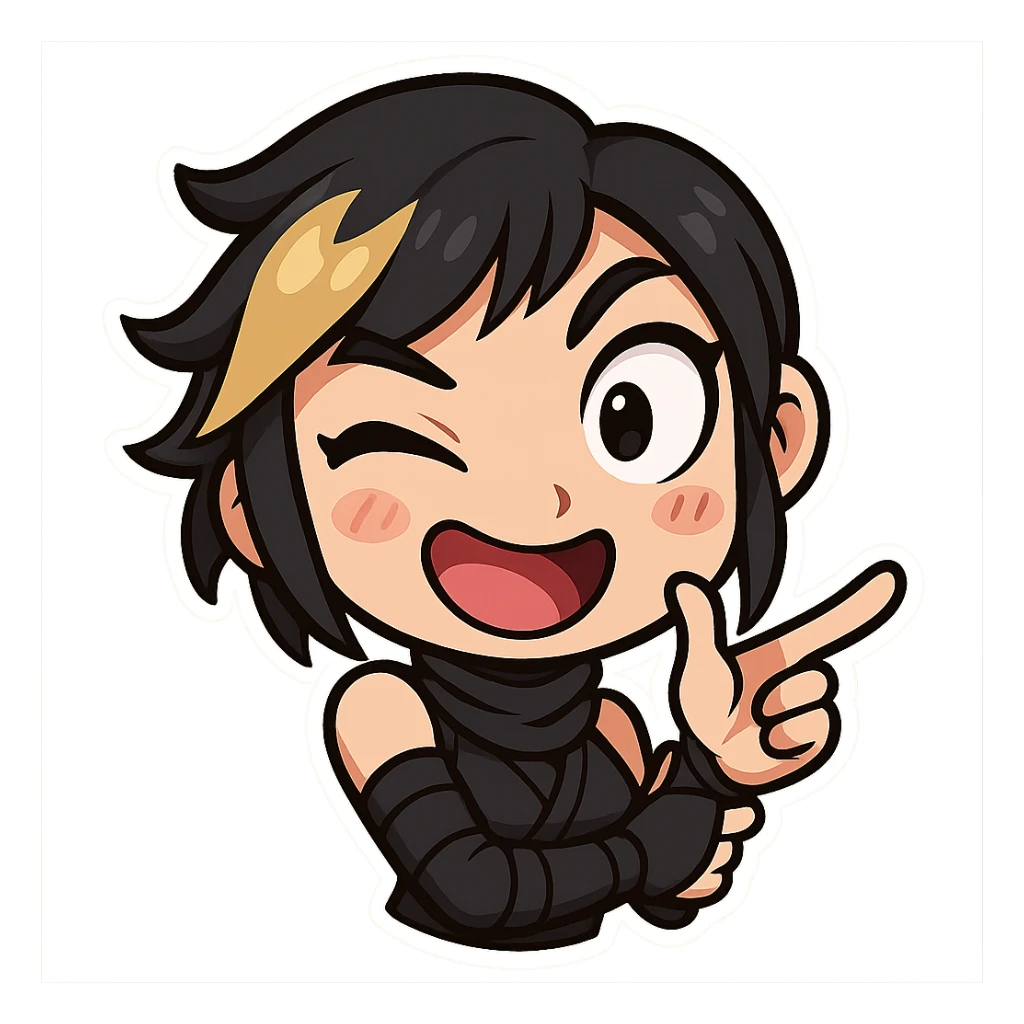 Make the expression even weirder and cuter for a sexy chibi ninja girl with black short hair and a blonde streak, only head and arms, making a finger gun gesture, bold outlines, transparent background, no mask, one eye huge and the other tiny, mouth open in a silly grin, sized for Twitch emoji use. sticker